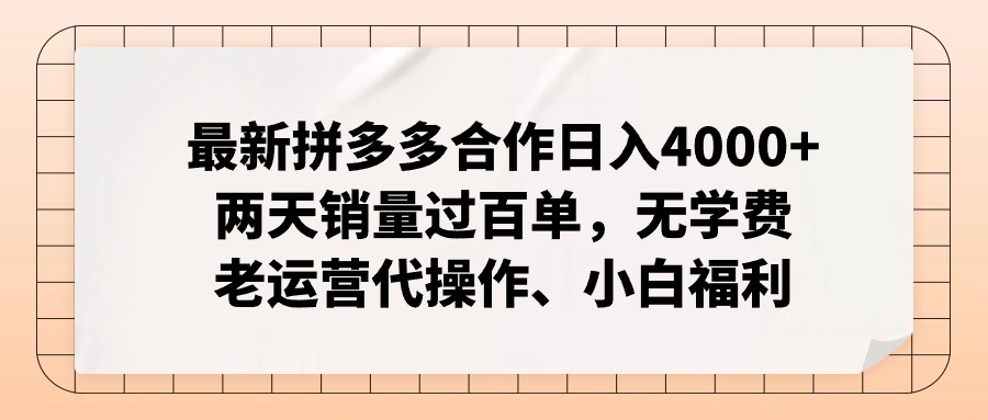 （11343期）最新拼多多合作日入4000+两天销量过百单，无学费、老运营代操作、小白福利-枫客网创