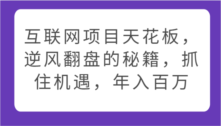 互联网项目天花板，逆风翻盘的秘籍，抓住机遇，年入百万-枫客网创