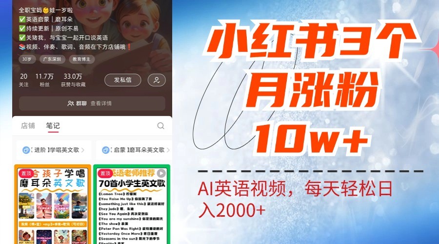 小红书三个月涨粉10W，AI英语视频0成本制作，每天轻松日入2000+-枫客网创