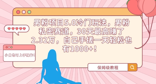 男粉项目5.0冷门玩法，男粉私密赛道，30天最高赚了2.32万，自己手搓一天轻松也有1000+-枫客网创