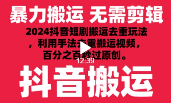 2024最新抖音搬运技术，抖音短剧视频去重，手法搬运，利用工具去重，达到秒过原创的效果-枫客网创