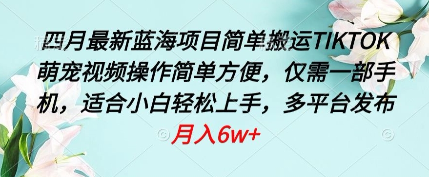 四月最新蓝海项目，简单搬运TIKTOK萌宠视频，操作简单方便，仅需一部手机-枫客网创