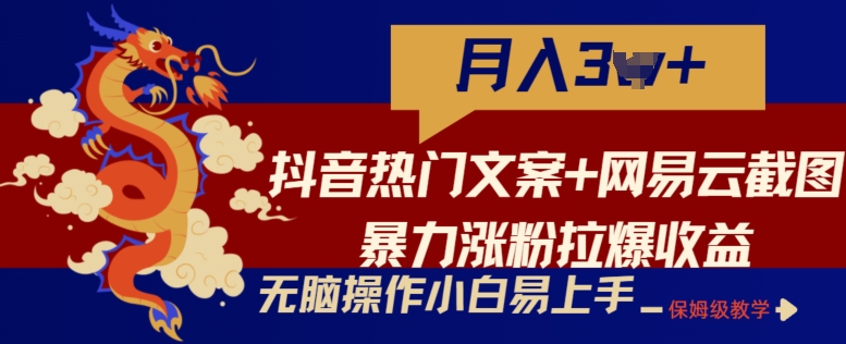 抖音热门文案+网易云截图暴力涨粉拉爆收益玩法，小白无脑操作，简单易上手-枫客网创