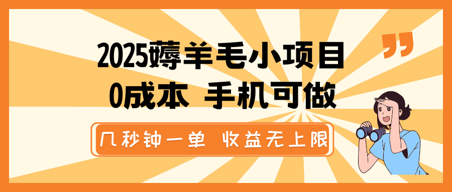 2025薅羊毛小项目，0成本 手机可做，几秒钟一单，收益无上限-枫客网创