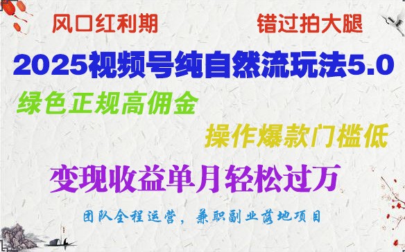 2025视频号纯自然流玩法5.0，绿色正规高佣金，操作爆款门槛低，变现收益单月轻松过万-枫客网创