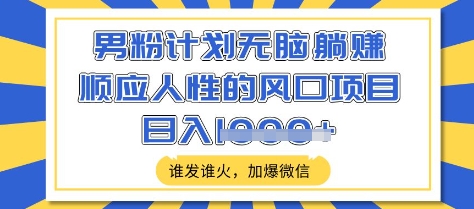 男粉计划无脑躺Z，顺应人性的风口项目，谁发谁火，加爆微信，日入多张【揭秘】-枫客网创