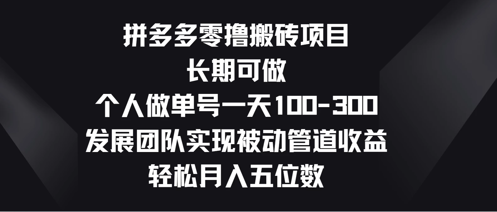 拼多多零撸搬砖项目，长期可做，个人做单号一天100-300，发展团队实现被动管道收益，轻松月入五位数-枫客网创