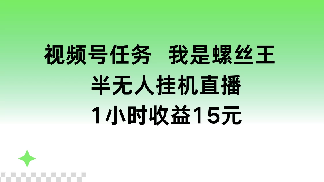 视频号任务，我是螺丝王， 半无人挂机1小时收益15元-枫客网创